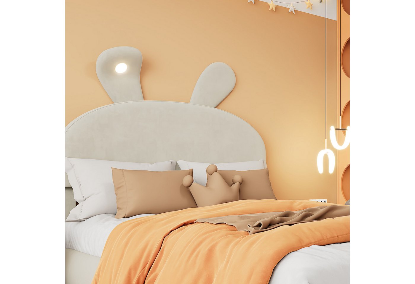 Flieks Polsterbett, LED Einzelbett 90x200cm mit Hasenohren Kopfteil und 2 Stauraumhockern – Bild 3 von 5