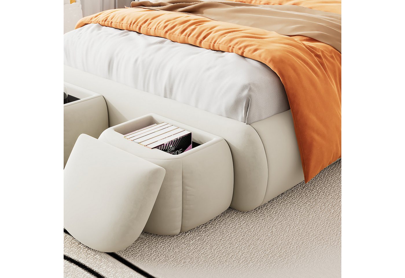 Flieks Polsterbett, LED Einzelbett 90x200cm mit Hasenohren Kopfteil und 2 Stauraumhockern – Bild 4 von 5