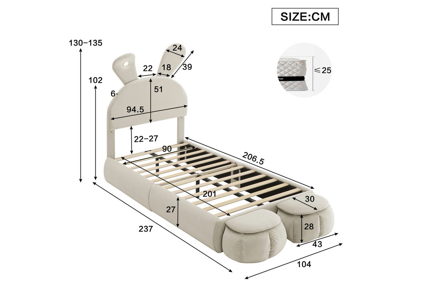 Flieks Polsterbett, LED Einzelbett 90x200cm mit Hasenohren Kopfteil und 2 Stauraumhockern – Bild 5 von 5