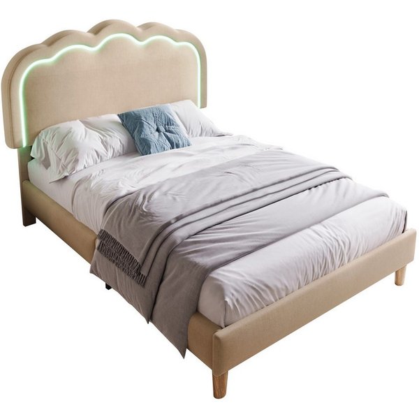 Flieks Polsterbett, LED Beleuchtung Einzelbett mit höhenverstellbarem Kopfteil 90x200cm