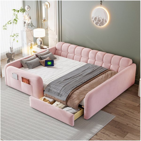 Flieks Polsterbett, Kinderbett Daybett 140x200cm mit Schublade Nachtlicht Ladeanschluss