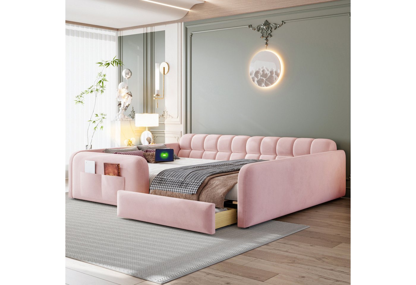 Flieks Polsterbett, Kinderbett Daybett 140x200cm mit Schublade Nachtlicht Ladeanschluss – Bild 2 von 5
