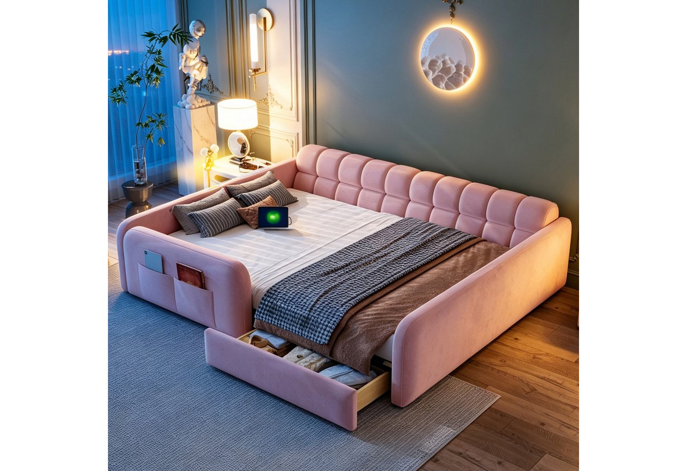 Flieks Polsterbett, Kinderbett Daybett 140x200cm mit Schublade Nachtlicht Ladeanschluss – Bild 4 von 5