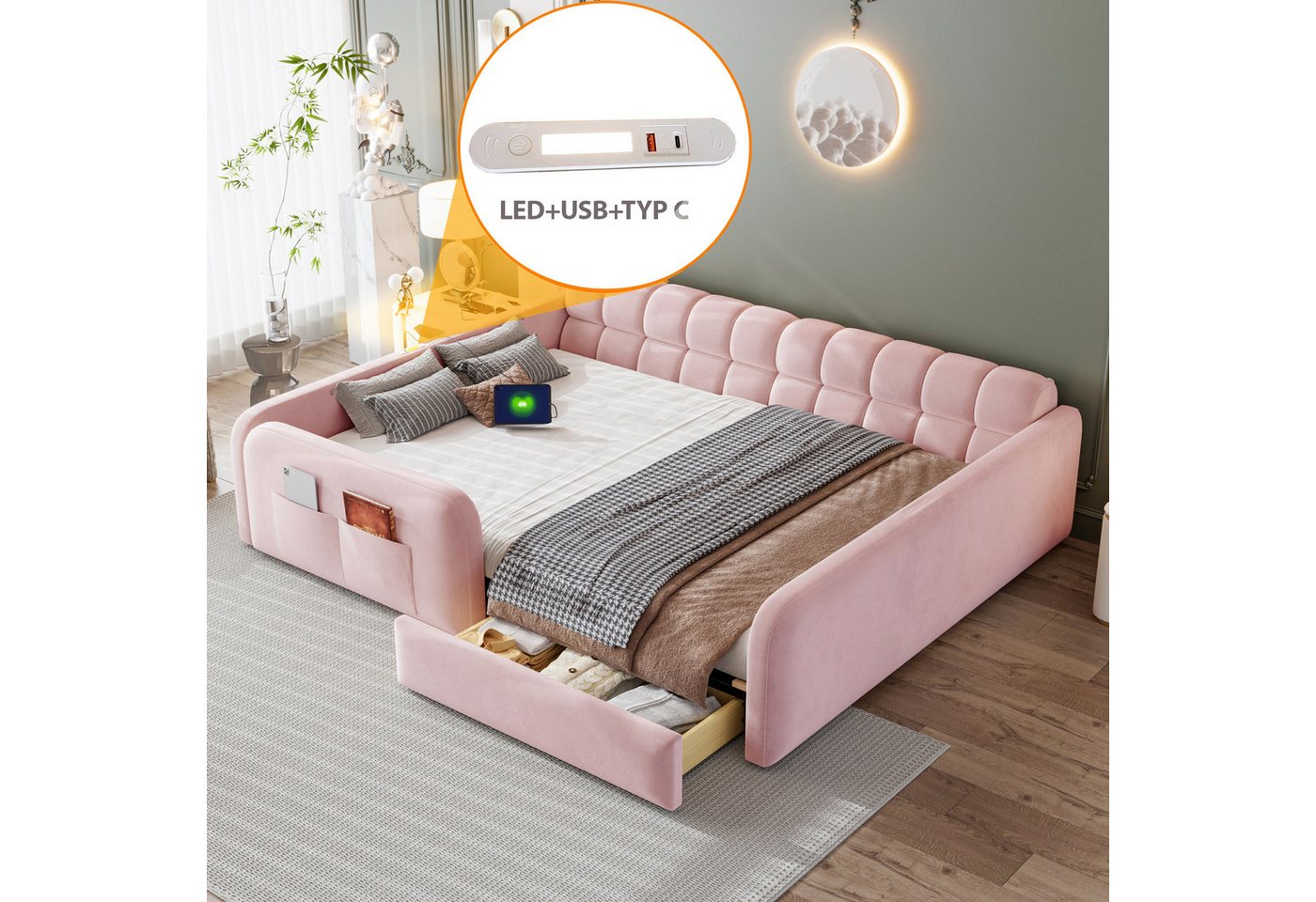 Flieks Polsterbett, Kinderbett Daybett 140x200cm mit Schublade Nachtlicht Ladeanschluss – Bild 5 von 5