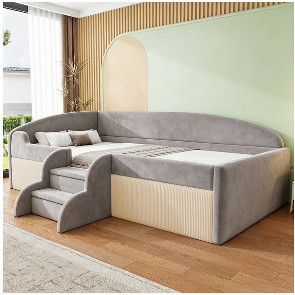 Flieks Polsterbett, Kinderbett Schlafsofa Einzelbett 90x190cm mit Treppe und Lattenrost