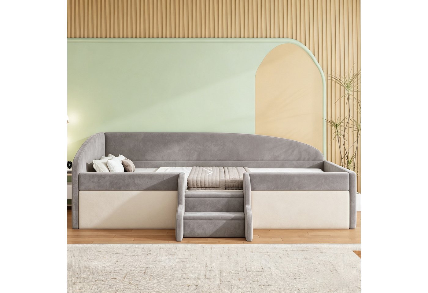 Flieks Polsterbett, Kinderbett Schlafsofa Einzelbett 90x190cm mit Treppe und Lattenrost – Bild 2 von 5