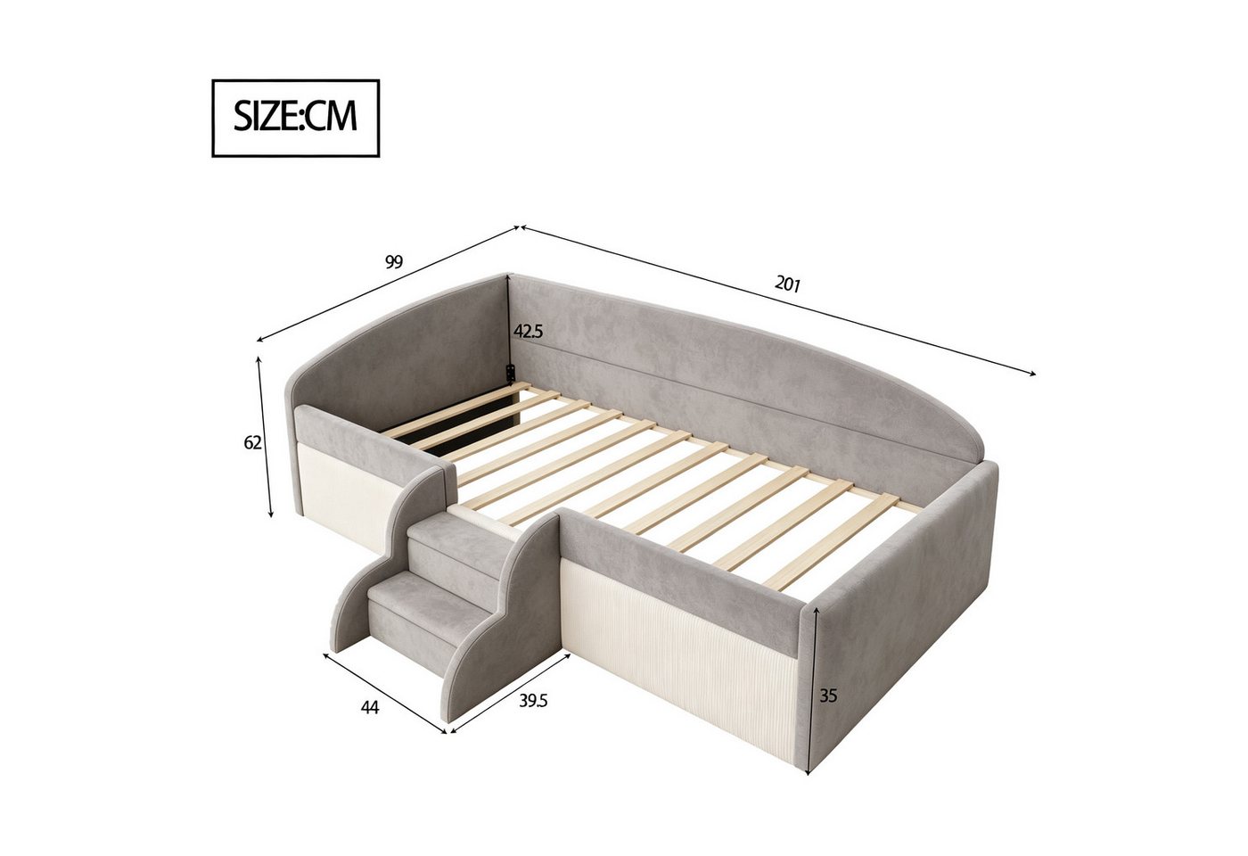 Flieks Polsterbett, Kinderbett Schlafsofa Einzelbett 90x190cm mit Treppe und Lattenrost – Bild 3 von 5