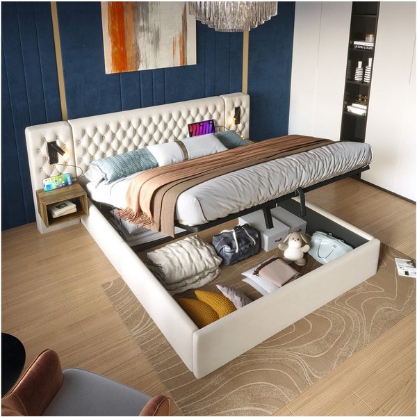 Flieks Polsterbett, Hydraulisches Doppelbett 160×200cm 2 Nachttische Leselicht USB-Laden