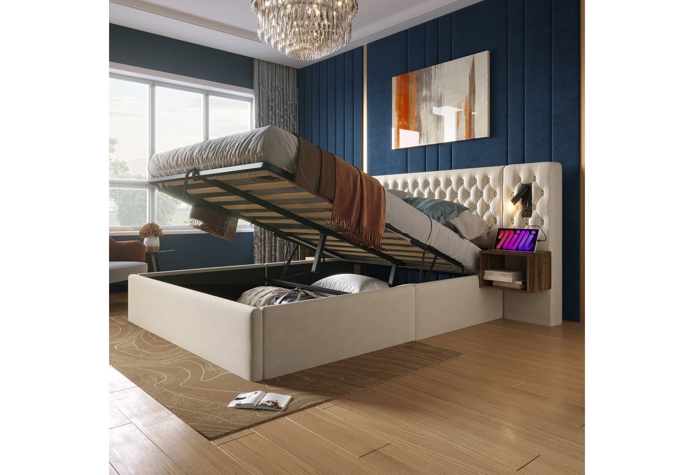 Flieks Polsterbett, Hydraulisches Doppelbett 160×200cm 2 Nachttische Leselicht USB-Laden – Bild 2 von 5