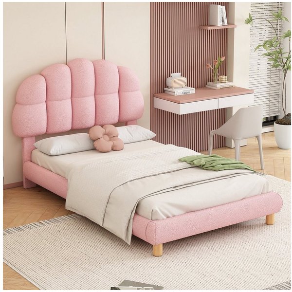 Flieks Polsterbett, Einzelbett Kinderbett 90x200cm mit Halbkreisform Kopfteil Vliesimitat