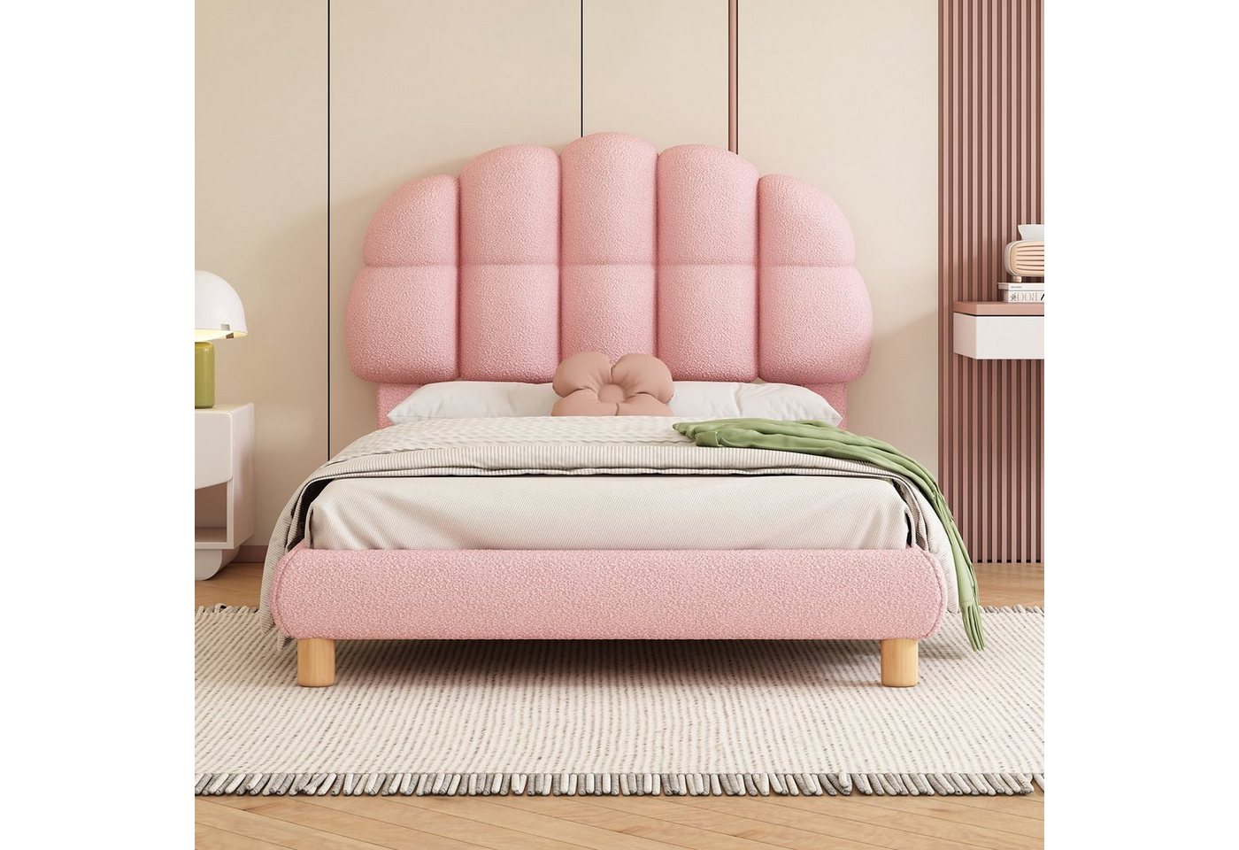 Flieks Polsterbett, Einzelbett Kinderbett 90x200cm mit Halbkreisform Kopfteil Vliesimitat – Bild 2 von 5