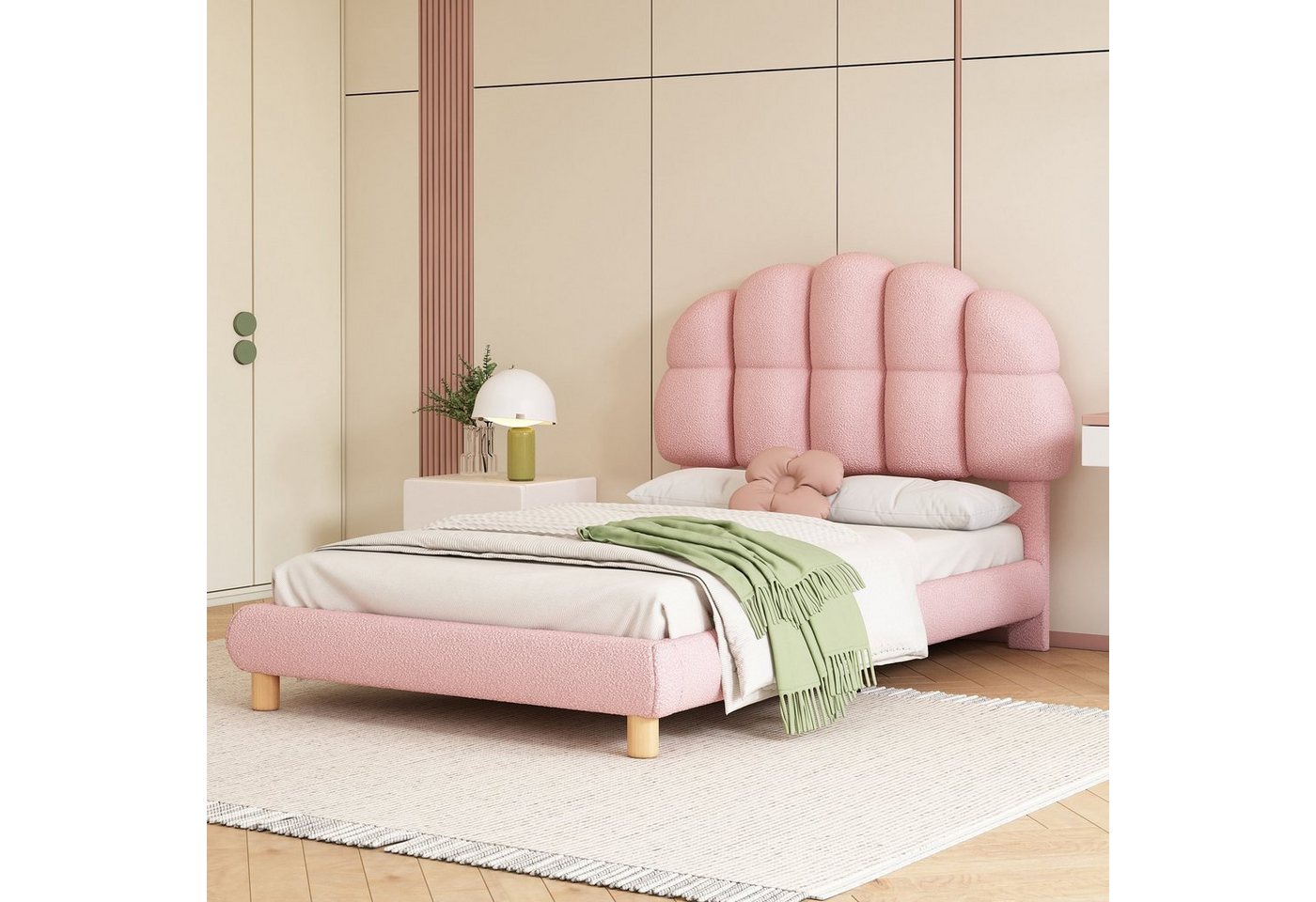 Flieks Polsterbett, Einzelbett Kinderbett 90x200cm mit Halbkreisform Kopfteil Vliesimitat – Bild 3 von 5