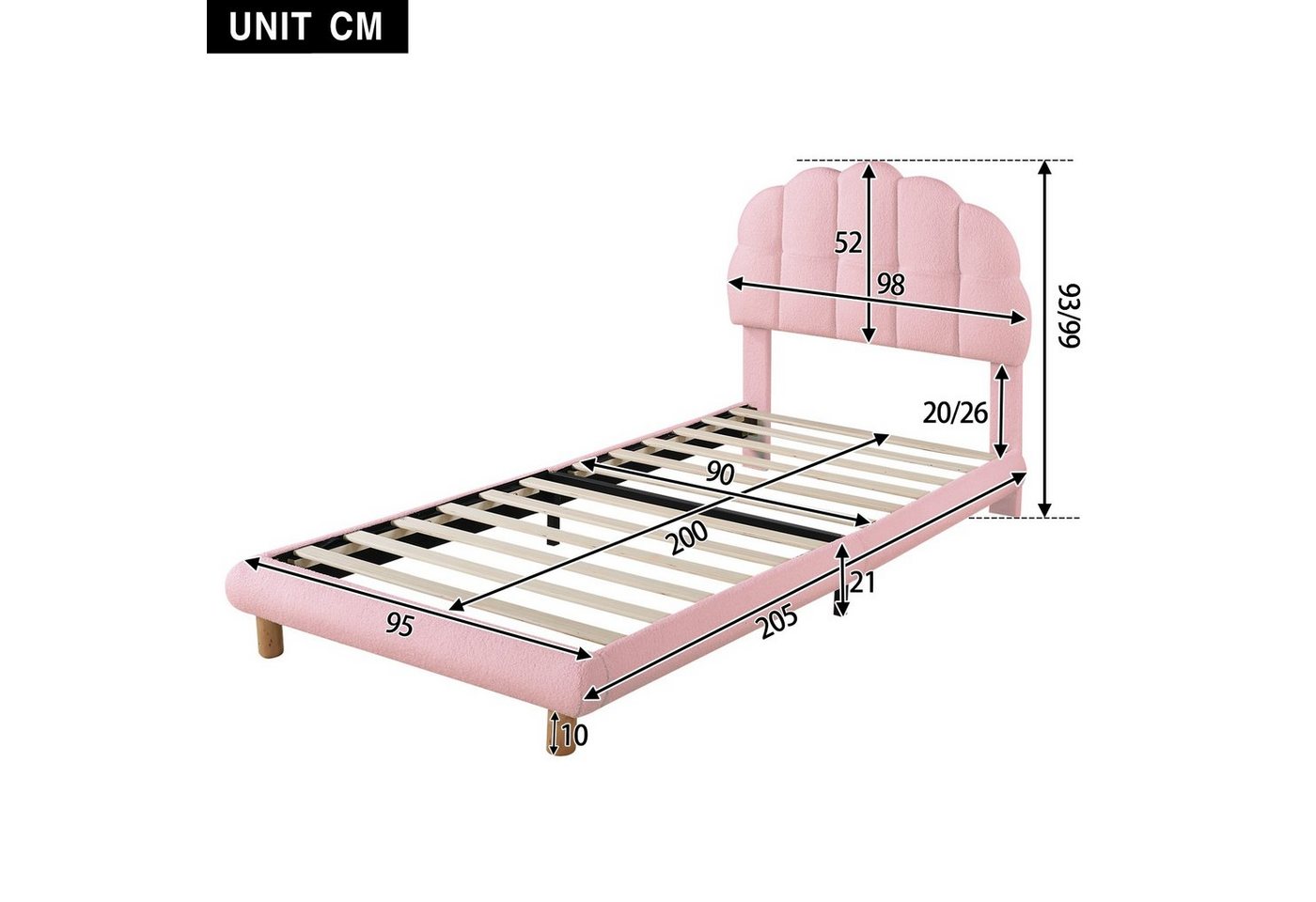 Flieks Polsterbett, Einzelbett Kinderbett 90x200cm mit Halbkreisform Kopfteil Vliesimitat – Bild 4 von 5