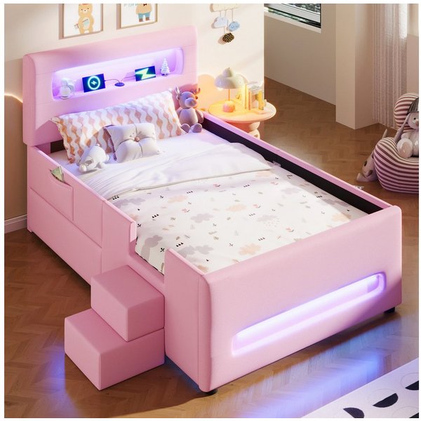 Flieks Polsterbett, Kinderbett Einzelbett 90x200cm mit LED-Lichtleisten, Schublade, Treppe