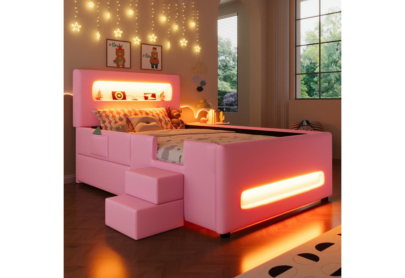 Flieks Polsterbett, Kinderbett Einzelbett 90x200cm mit LED-Lichtleisten, Schublade, Treppe – Bild 2 von 5