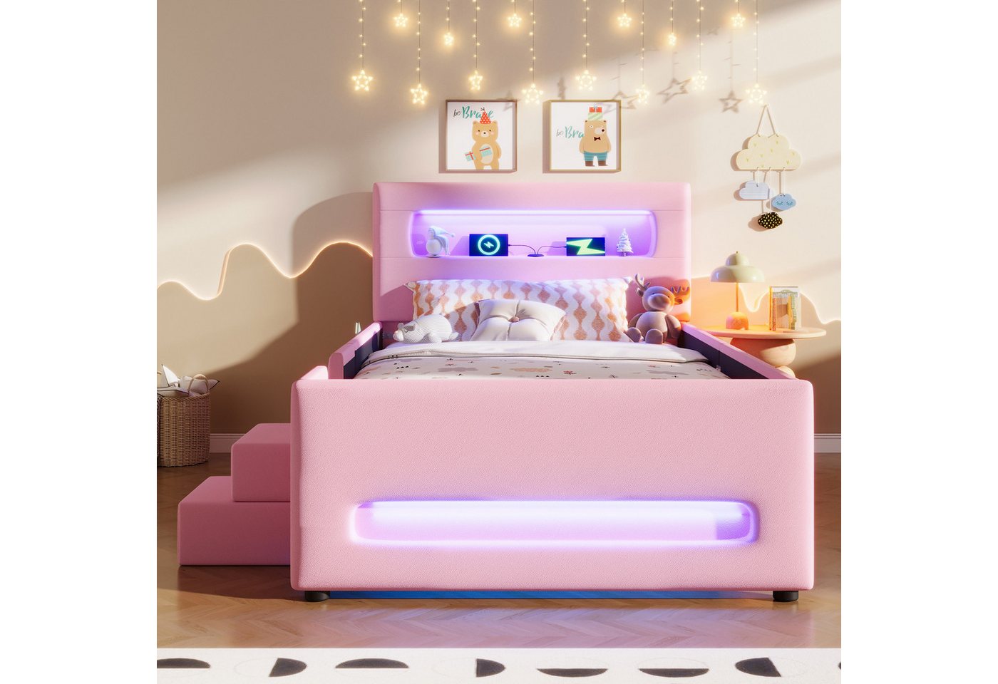 Flieks Polsterbett, Kinderbett Einzelbett 90x200cm mit LED-Lichtleisten, Schublade, Treppe – Bild 3 von 5