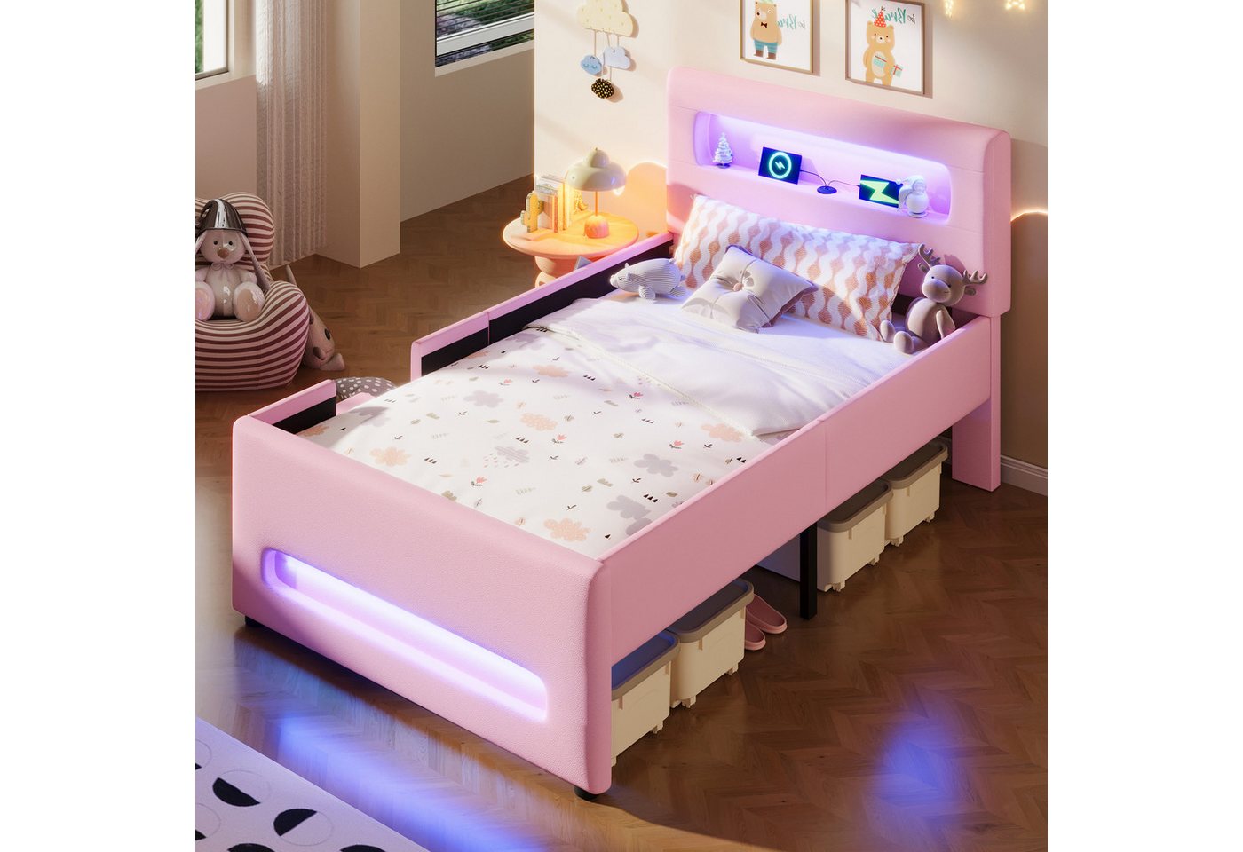 Flieks Polsterbett, Kinderbett Einzelbett 90x200cm mit LED-Lichtleisten, Schublade, Treppe – Bild 4 von 5