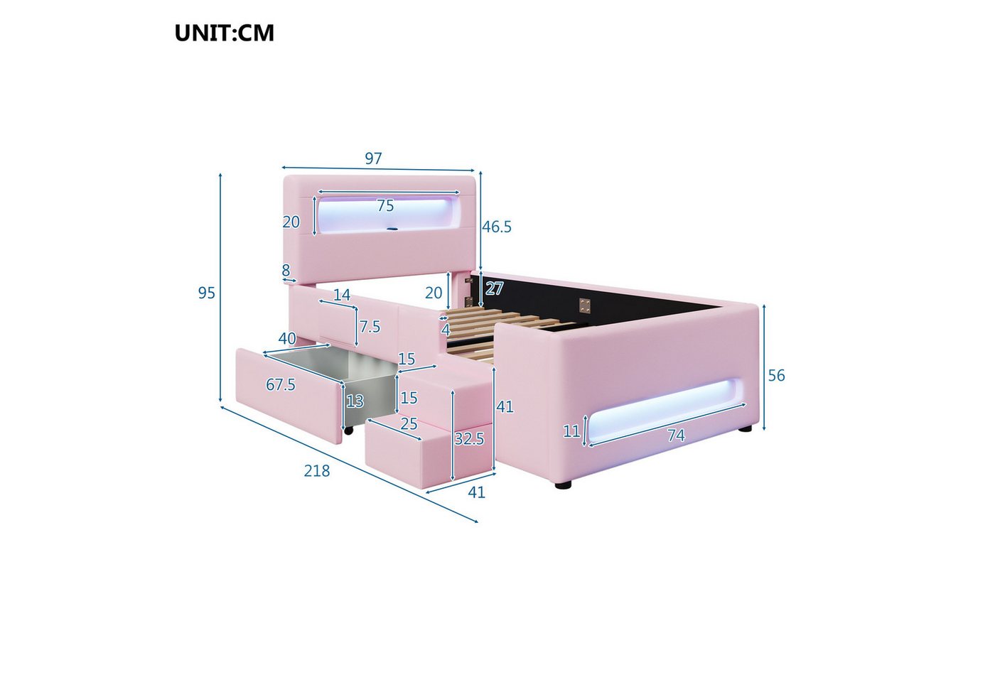 Flieks Polsterbett, Kinderbett Einzelbett 90x200cm mit LED-Lichtleisten, Schublade, Treppe – Bild 5 von 5