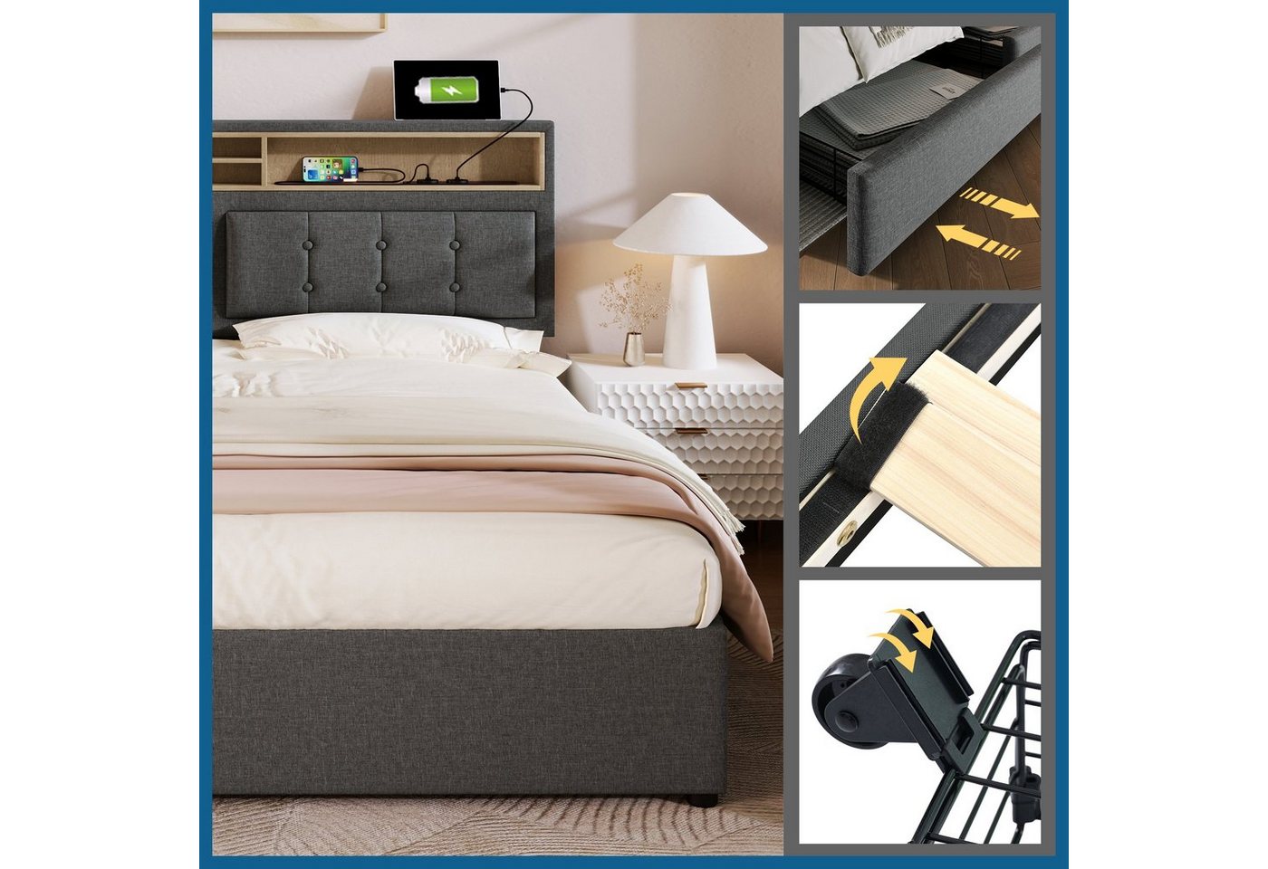 Flieks Polsterbett, Doppelbett mit USB/Typ-C Ladefunktion + 4 Schubladen 140x200cm Leinen – Bild 3 von 5