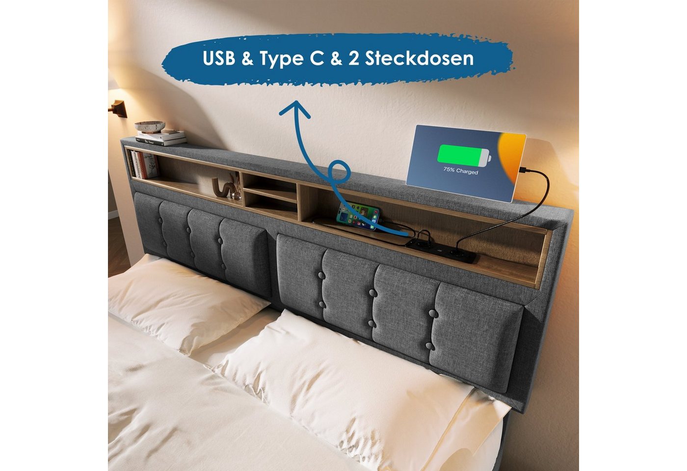 Flieks Polsterbett, Doppelbett mit USB/Typ-C Ladefunktion + 4 Schubladen 140x200cm Leinen – Bild 4 von 5