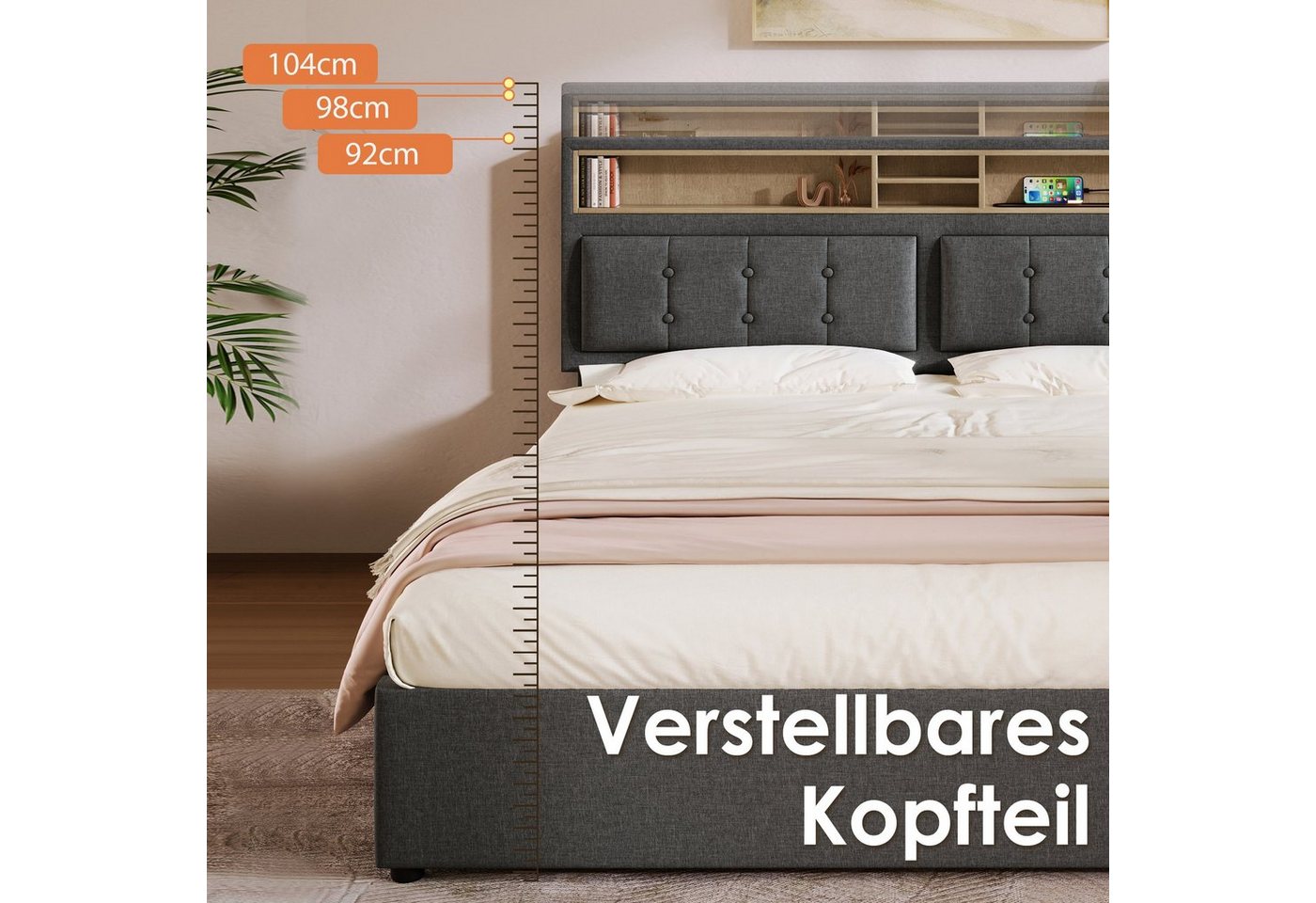 Flieks Polsterbett, Doppelbett mit USB/Typ-C Ladefunktion + 4 Schubladen 140x200cm Leinen – Bild 5 von 5
