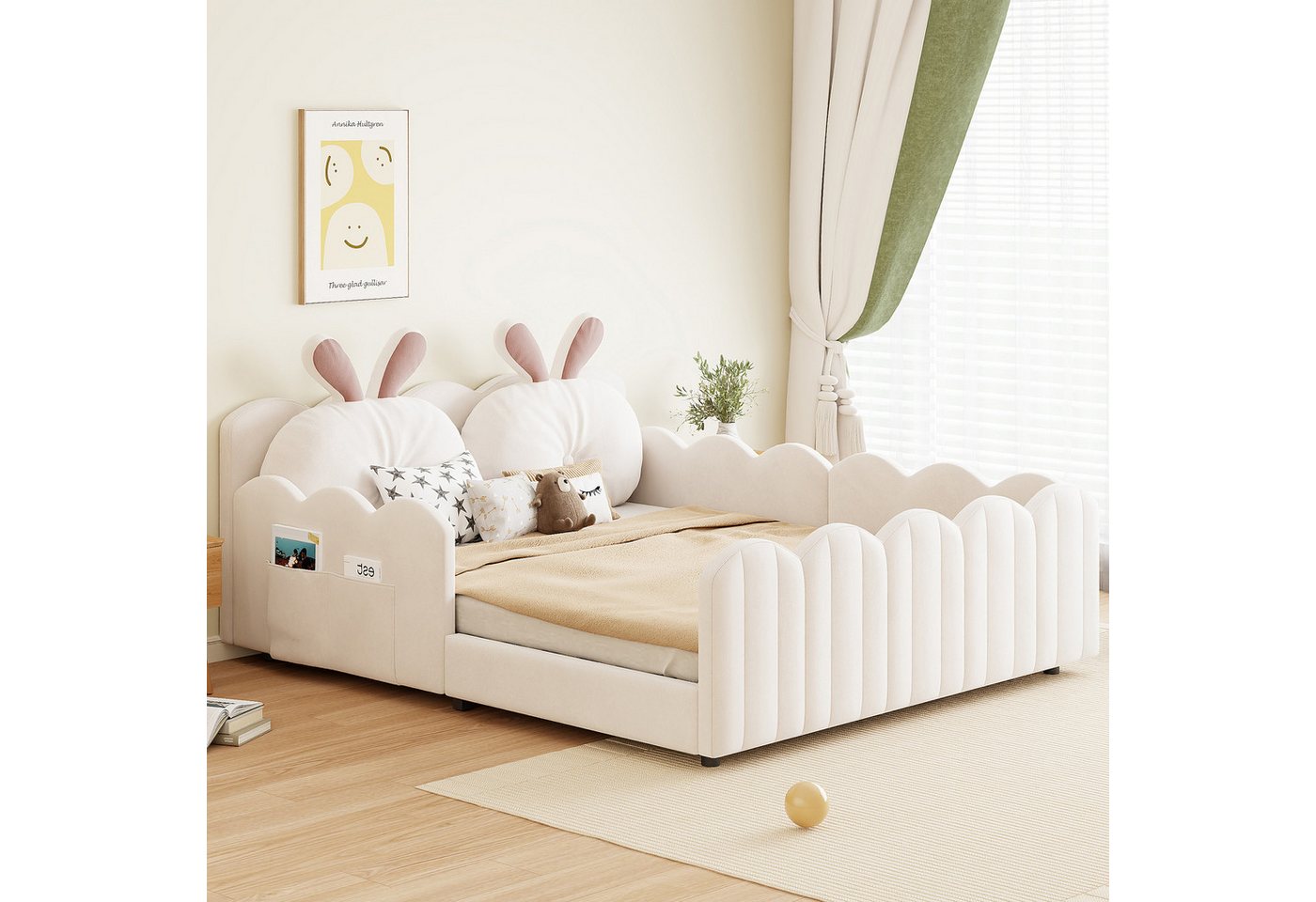 Flieks Polsterbett, Kinderbett Bodenbett 140x200cm mit Kissen in Kaninchenform – Bild 2 von 5