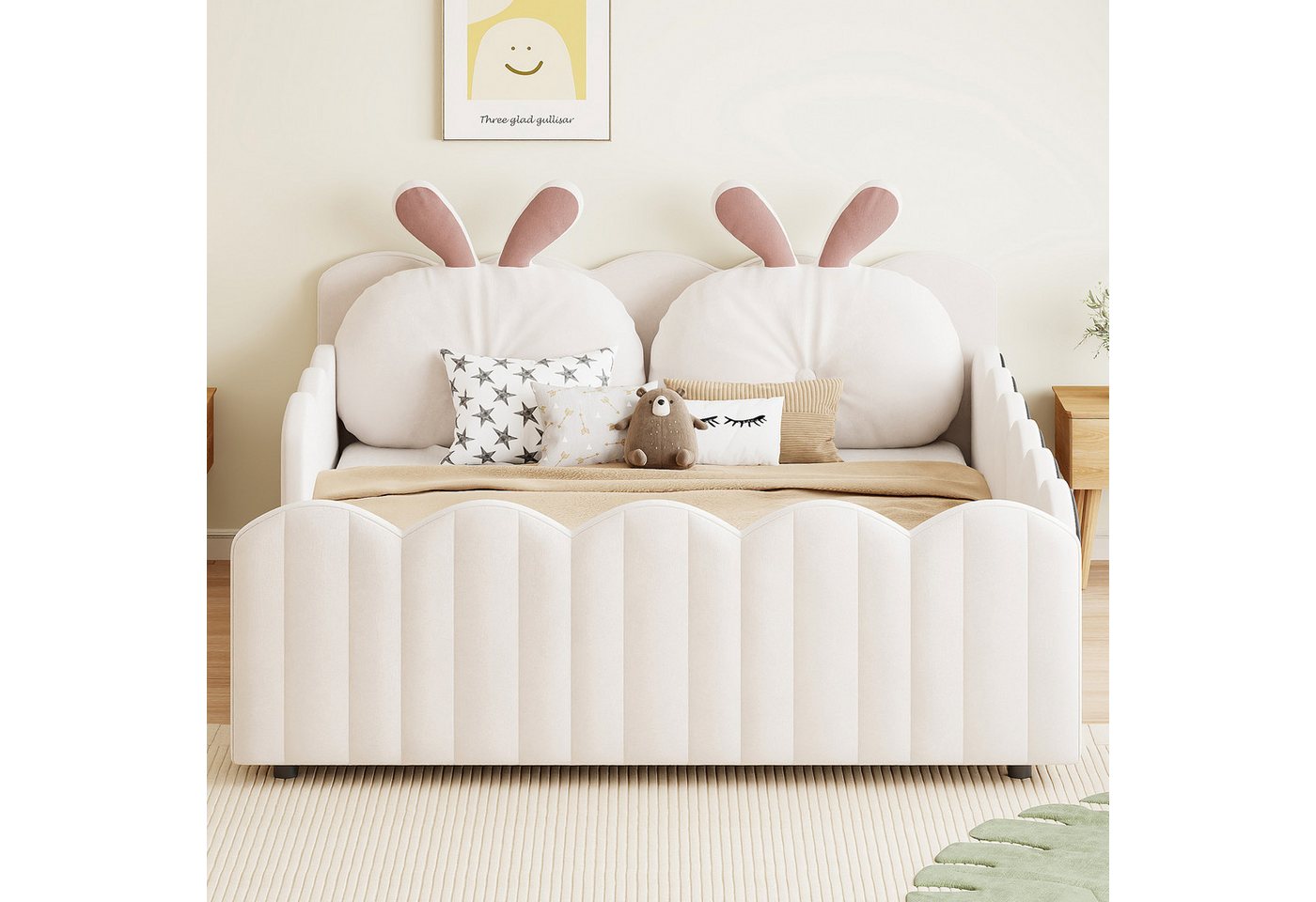 Flieks Polsterbett, Kinderbett Bodenbett 140x200cm mit Kissen in Kaninchenform – Bild 3 von 5