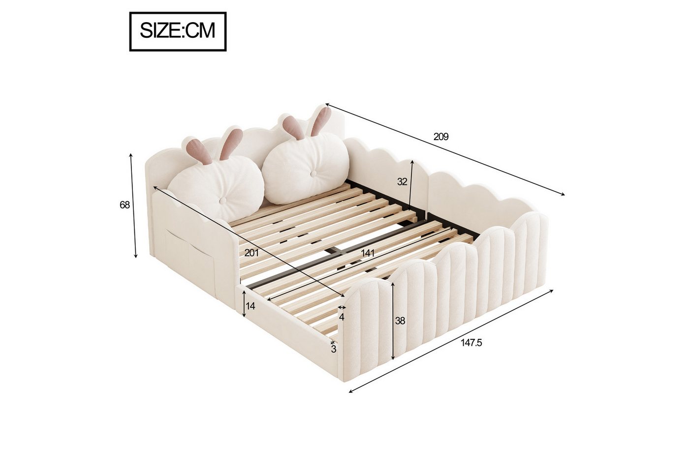 Flieks Polsterbett, Kinderbett Bodenbett 140x200cm mit Kissen in Kaninchenform – Bild 4 von 5