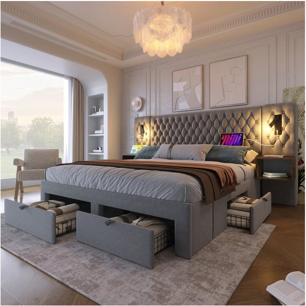 Flieks Polsterbett, Doppelbett 160×200cm mit 2 Nachttische 4 Schublade Leselicht USB-Laden