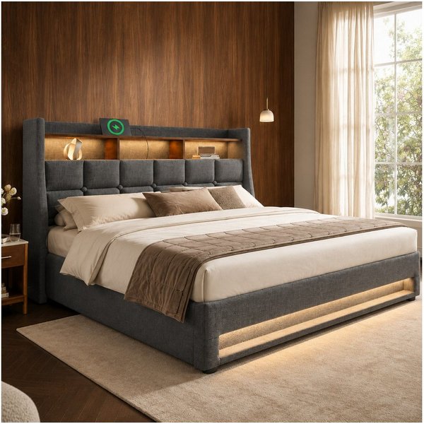 Flieks Polsterbett, Baumwolle-Leinen Bezug Stauraumbett mit USB-Anschluss + LED 140x200cm