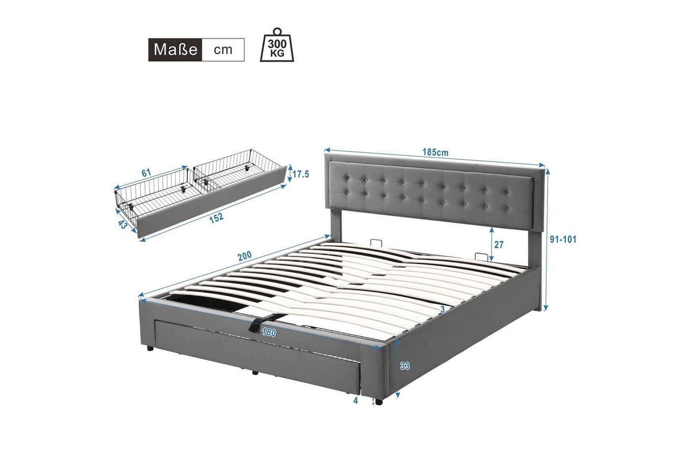Flieks Polsterbett, Hydraulisches Stauraumbett Doppelbett Samt 180x200cm – Bild 3 von 5