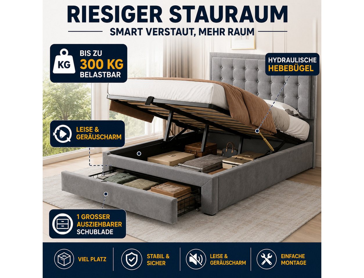 Flieks Polsterbett, Hydraulisches Stauraumbett Doppelbett Samt 180x200cm – Bild 5 von 5