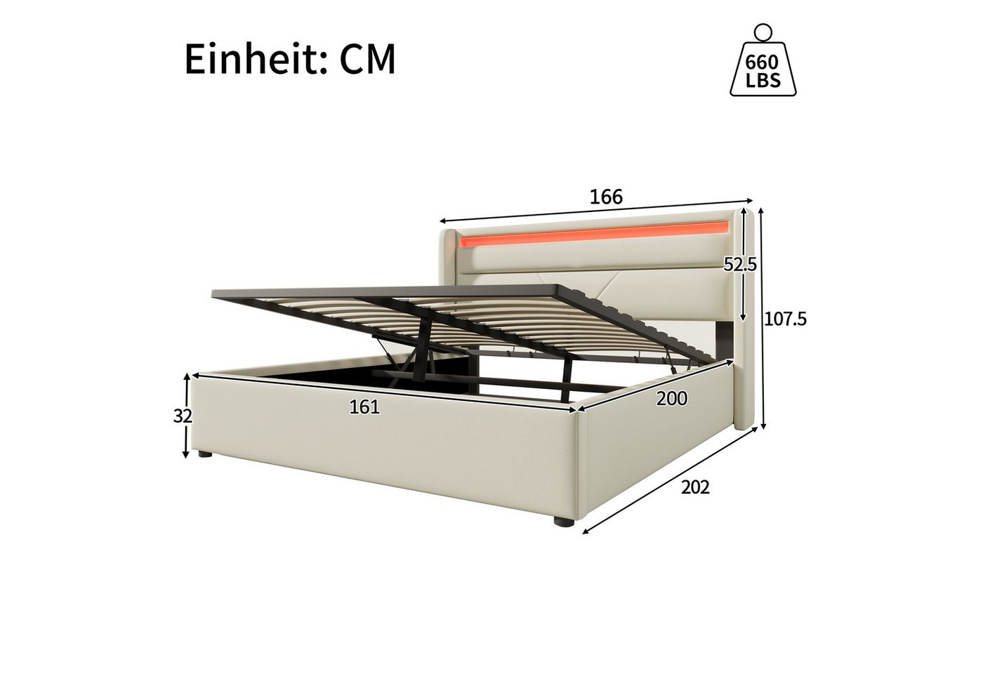 Flieks Polsterbett, LED Hydraulisches Stauraumbett Kunstleder 160x200cm – Bild 3 von 5