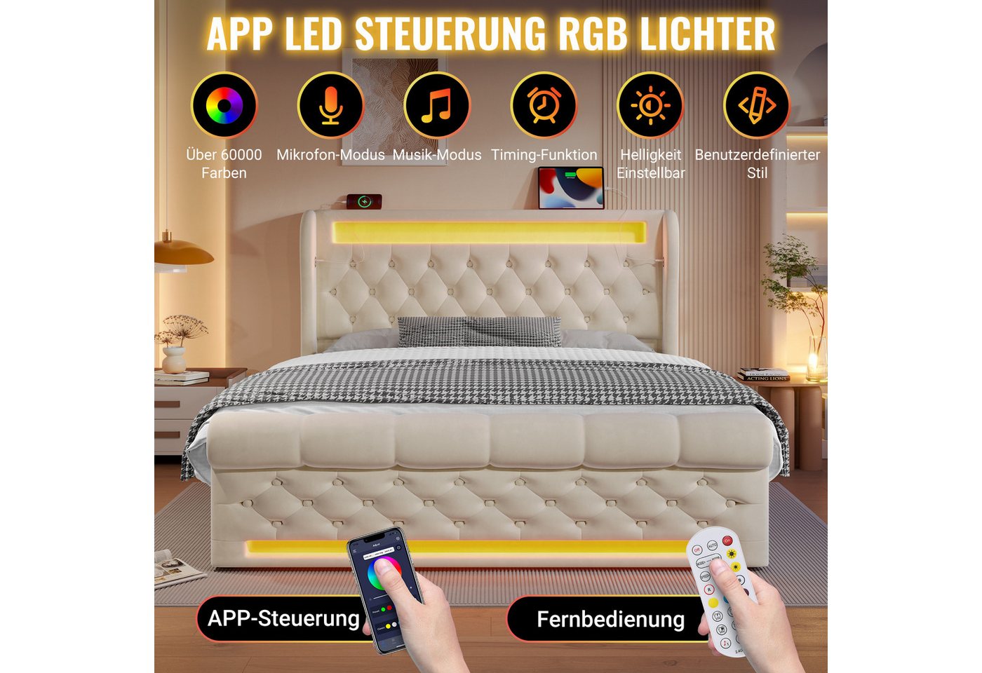 Flieks Polsterbett, Hydraulisches Stauraumbett 140x200cm mit LED Beleuchtung und USB/Typ-C – Bild 4 von 5