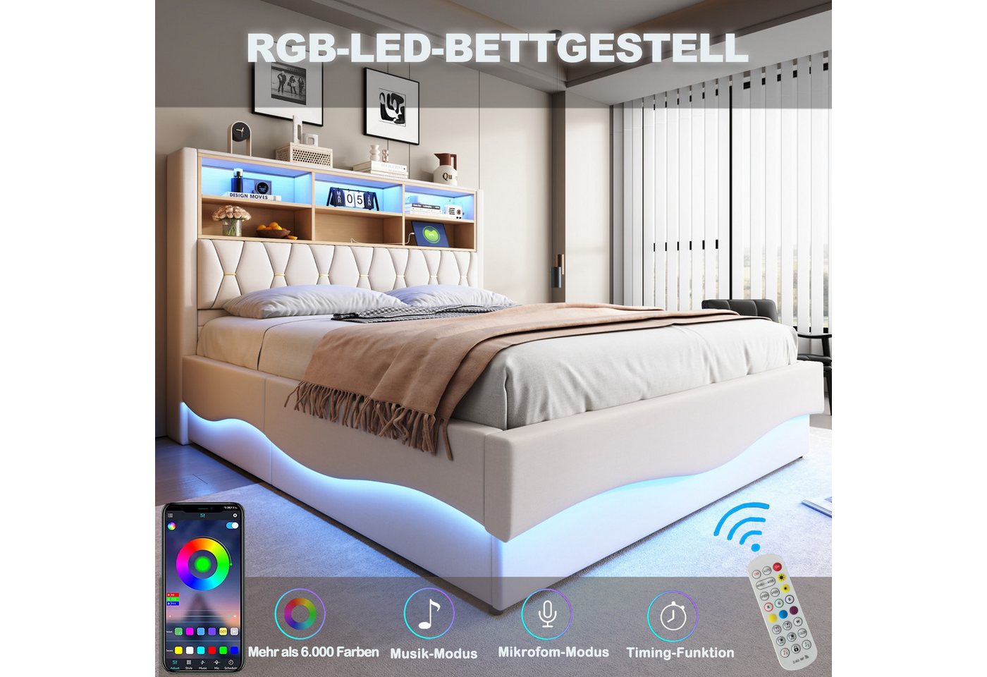 Flieks Polsterbett, Hydraulisches Stauraumbett 180x200cm mit LED-Lichtleiste und USB-Laden – Bild 4 von 5