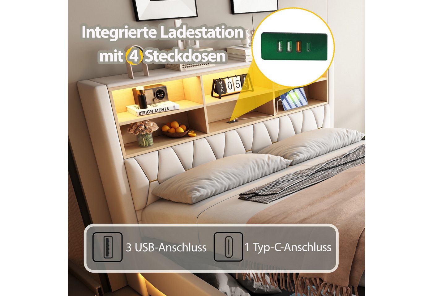 Flieks Polsterbett, Hydraulisches Stauraumbett 180x200cm mit LED-Lichtleiste und USB-Laden – Bild 5 von 5