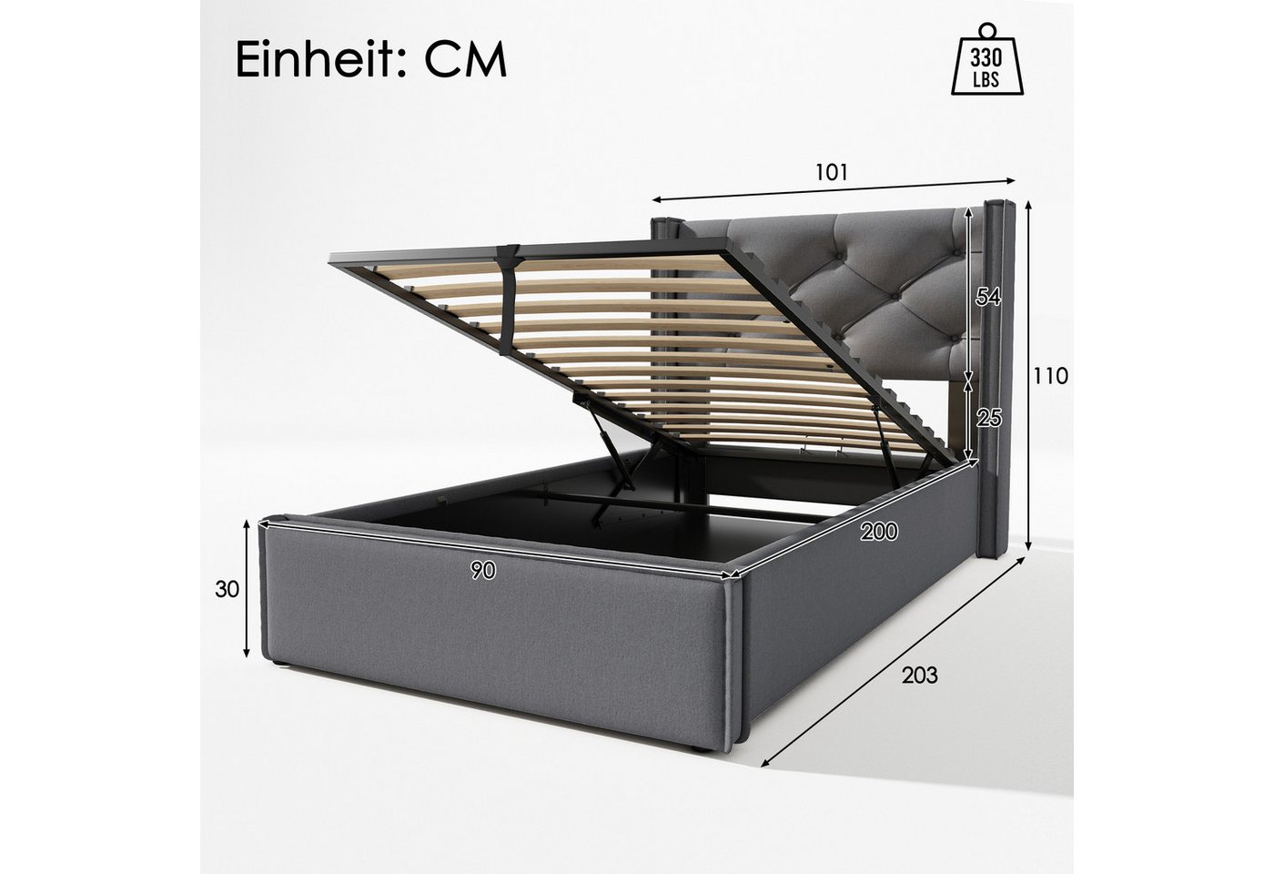 Flieks Polsterbett, Hydraulisches Einzelbett Funktionsbett Baumwolle 90x200cm – Bild 3 von 5