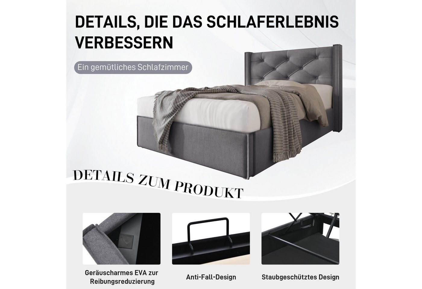 Flieks Polsterbett, Hydraulisches Einzelbett Funktionsbett Baumwolle 90x200cm – Bild 5 von 5