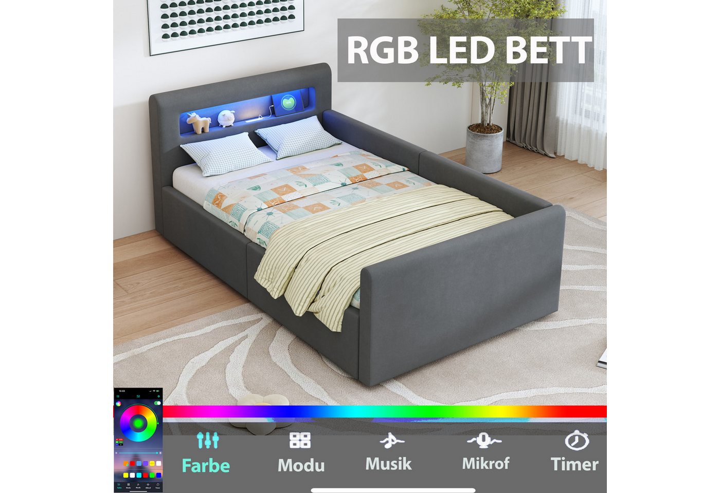 Flieks Polsterbett, Hydraulisches Stauraumbett Kinderbett 90x200cm mit Led und USB/Typ-C – Bild 2 von 5