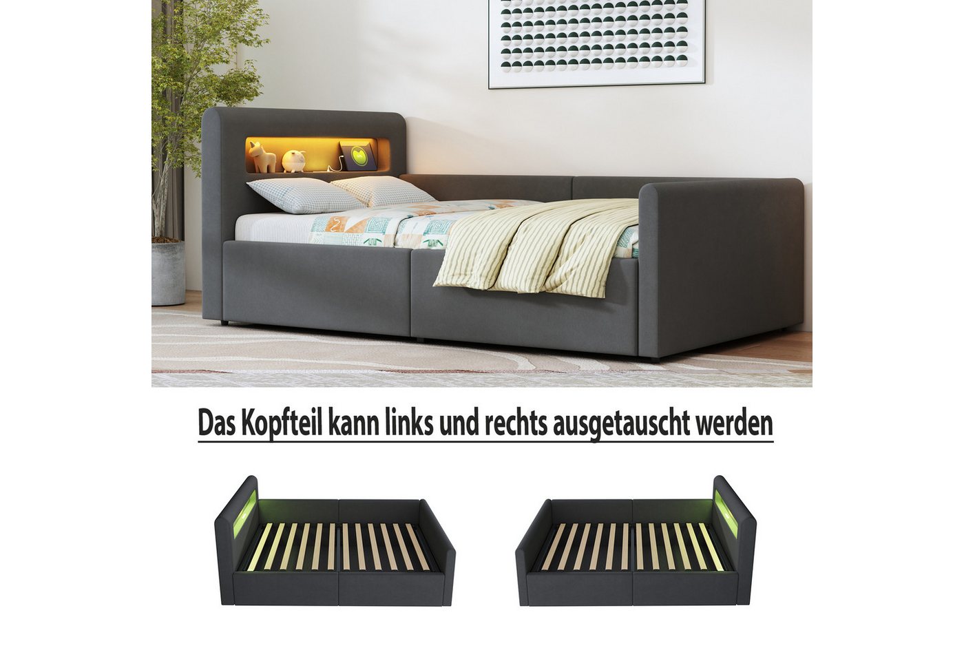 Flieks Polsterbett, Hydraulisches Stauraumbett Kinderbett 90x200cm mit Led und USB/Typ-C – Bild 4 von 5