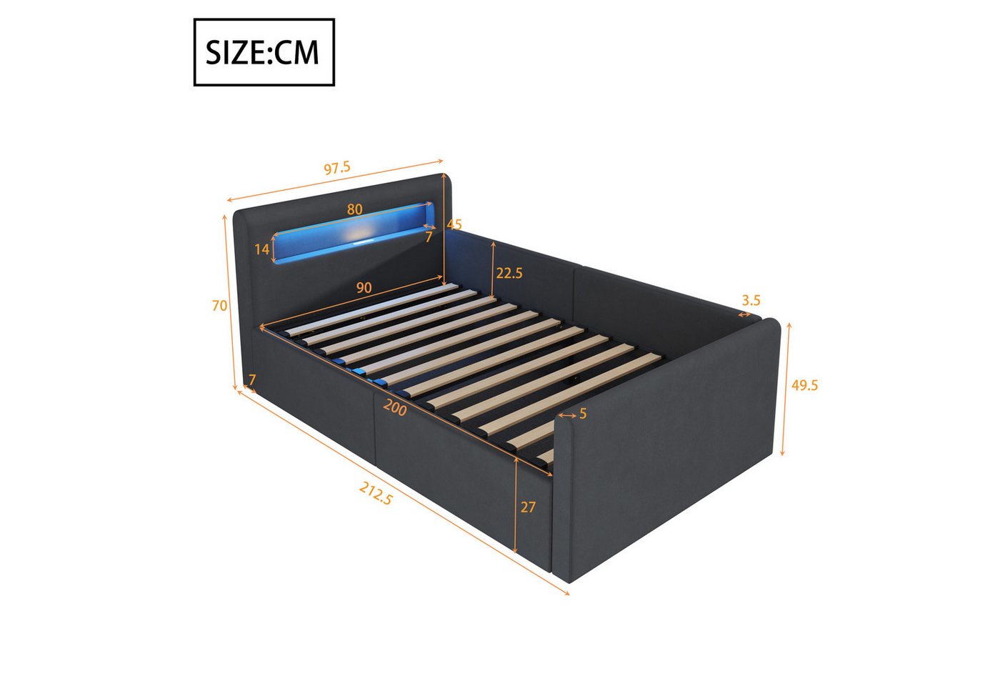 Flieks Polsterbett, Hydraulisches Stauraumbett Kinderbett 90x200cm mit Led und USB/Typ-C – Bild 5 von 5