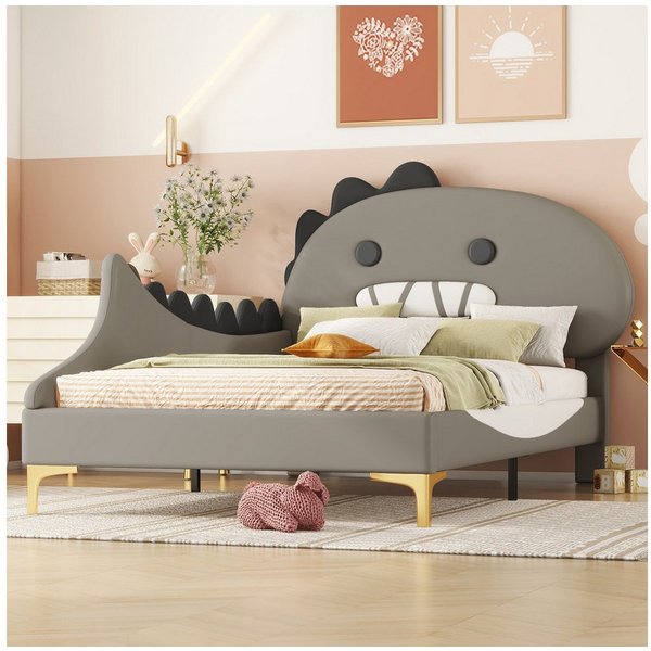 Flieks Polsterbett, Kinderbett 90x200cm mit Cartoon Dinosaurier Form Kopfteil Kunstleder