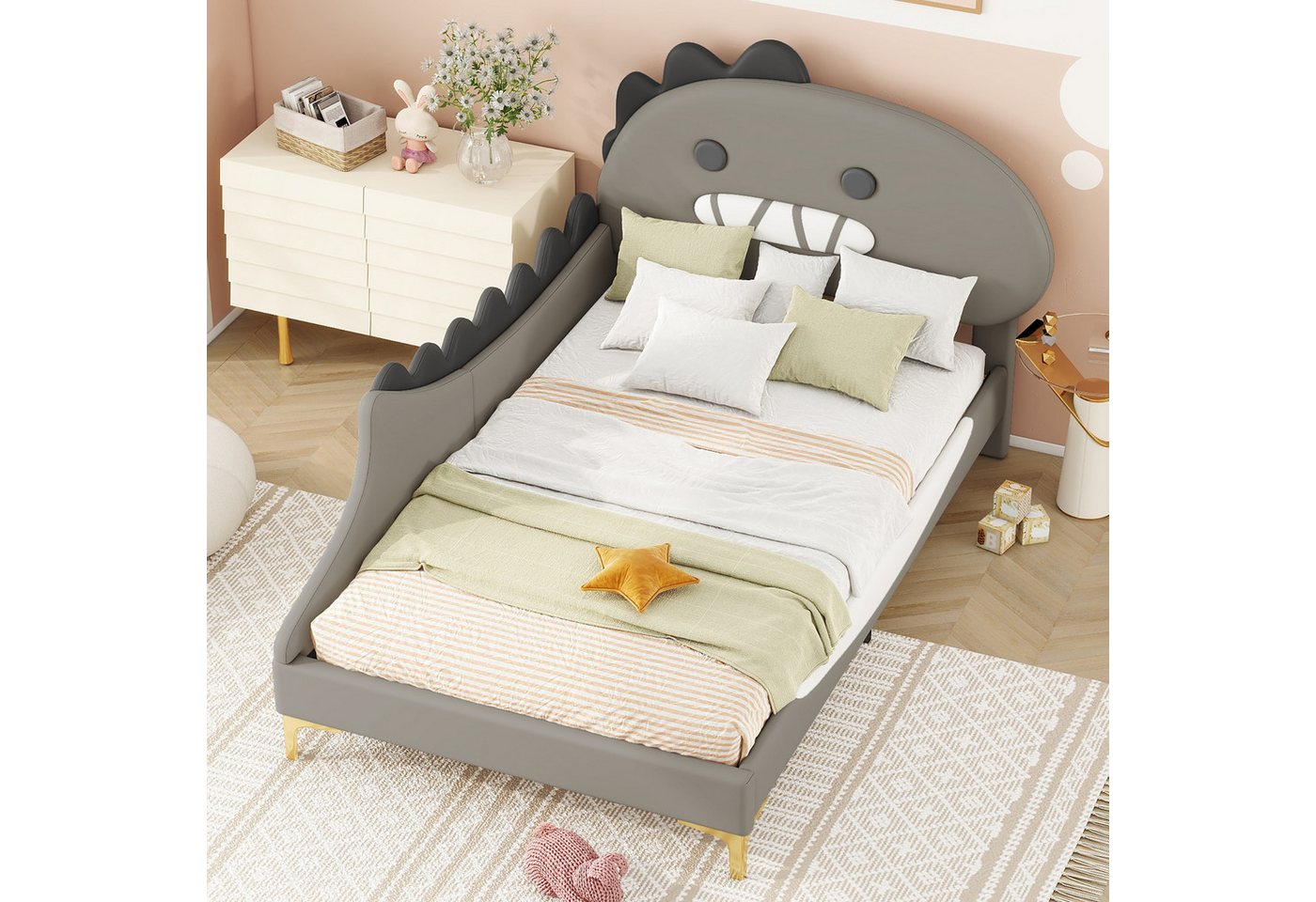 Flieks Polsterbett, Kinderbett 90x200cm mit Cartoon Dinosaurier Form Kopfteil Kunstleder – Bild 3 von 5