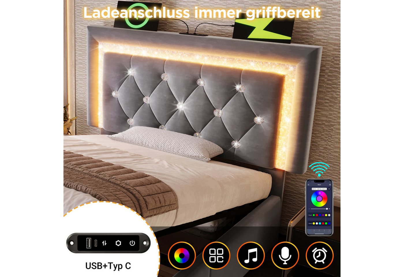 Flieks Polsterbett, Hydraulisches Stauraumbett 90x200cm mit LED-Diamantband & Ladestation – Bild 5 von 5