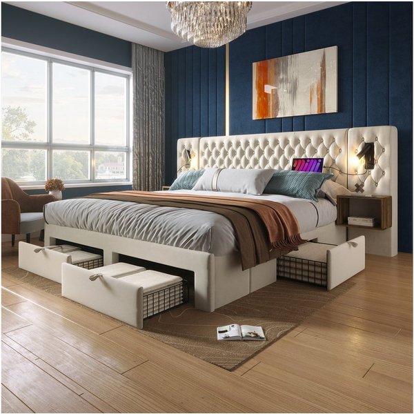 Flieks Polsterbett, Doppelbett 160×200cm mit 2 Nachttische 4 Schublade Leselicht USB-Laden