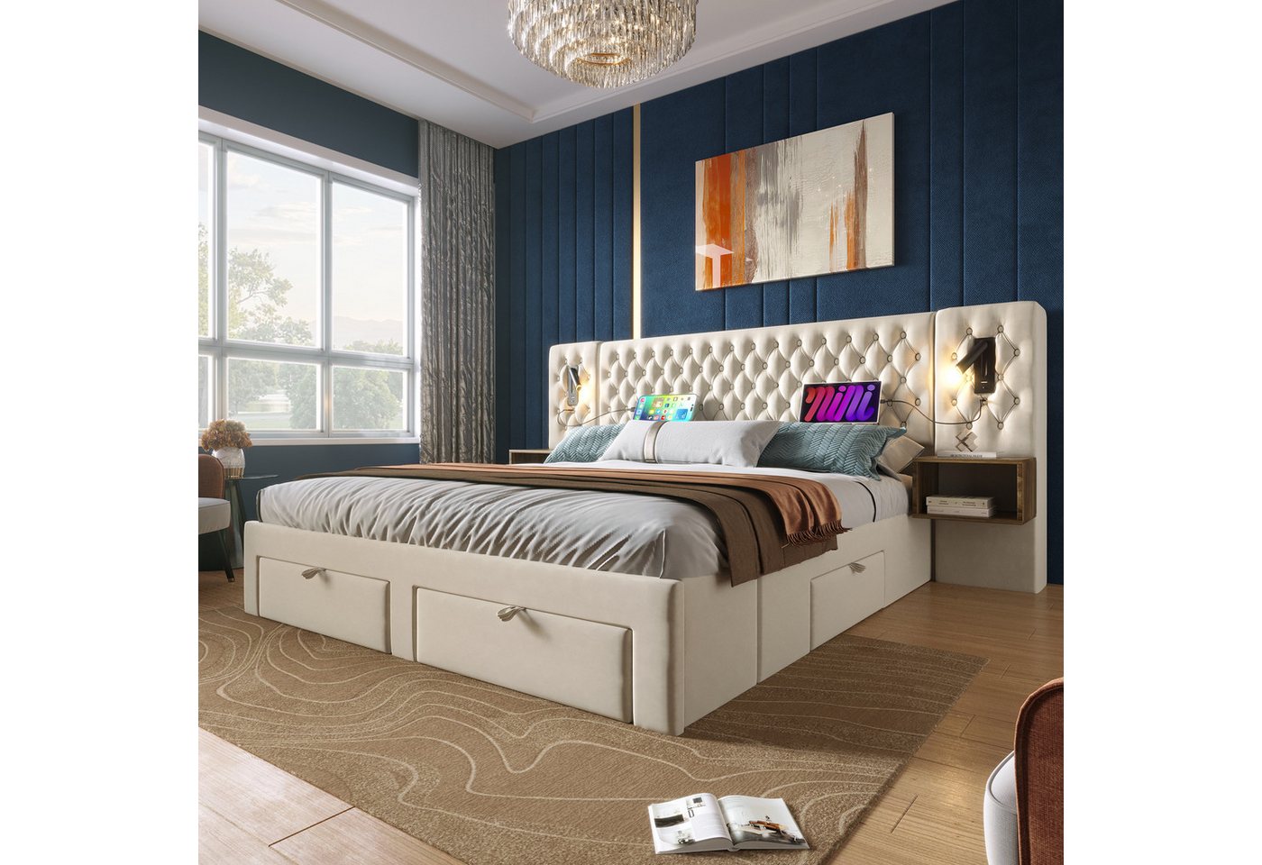 Flieks Polsterbett, Doppelbett 160×200cm mit 2 Nachttische 4 Schublade Leselicht USB-Laden – Bild 2 von 5