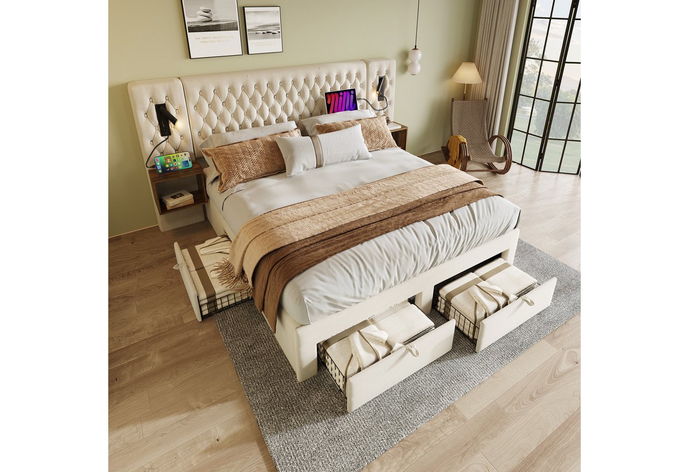 Flieks Polsterbett, Doppelbett 160×200cm mit 2 Nachttische 4 Schublade Leselicht USB-Laden – Bild 3 von 5