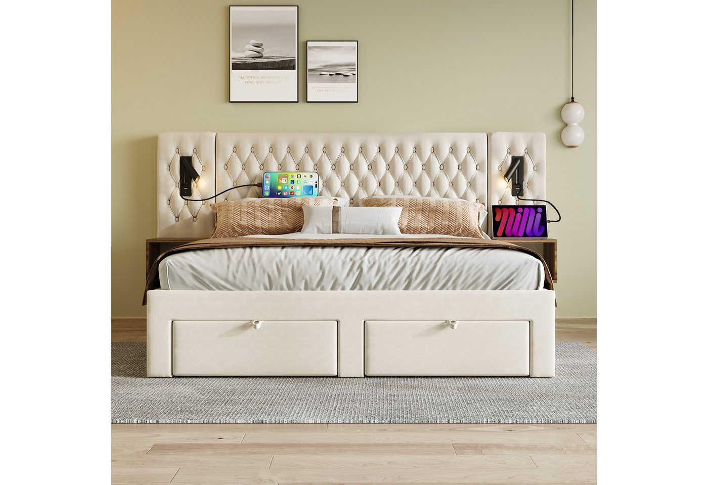 Flieks Polsterbett, Doppelbett 160×200cm mit 2 Nachttische 4 Schublade Leselicht USB-Laden – Bild 4 von 5