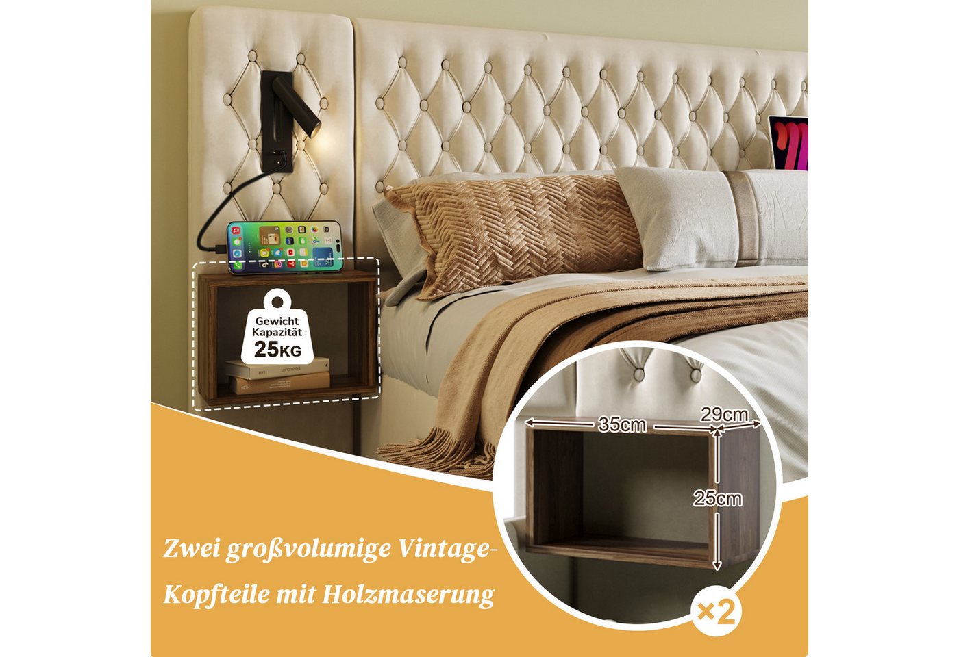 Flieks Polsterbett, Doppelbett 160×200cm mit 2 Nachttische 4 Schublade Leselicht USB-Laden – Bild 5 von 5