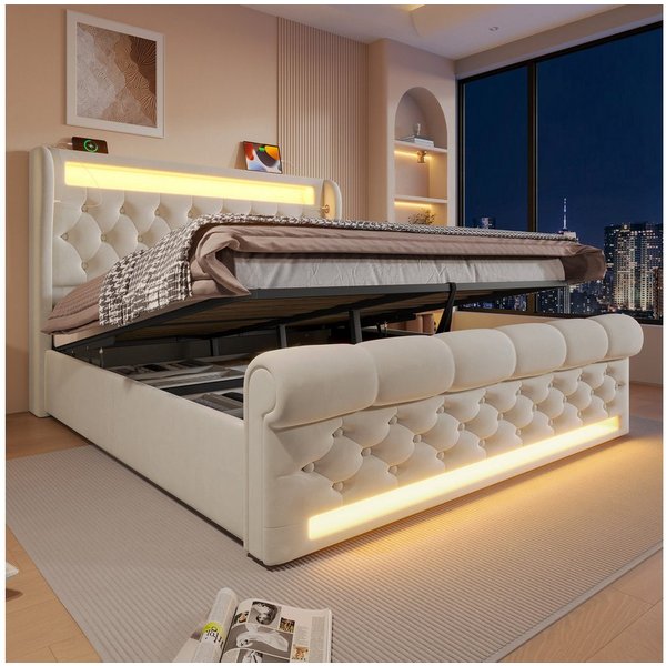 Flieks Polsterbett, Hydraulisches Stauraumbett 160x200cm mit LED Beleuchtung und USB/Typ-C